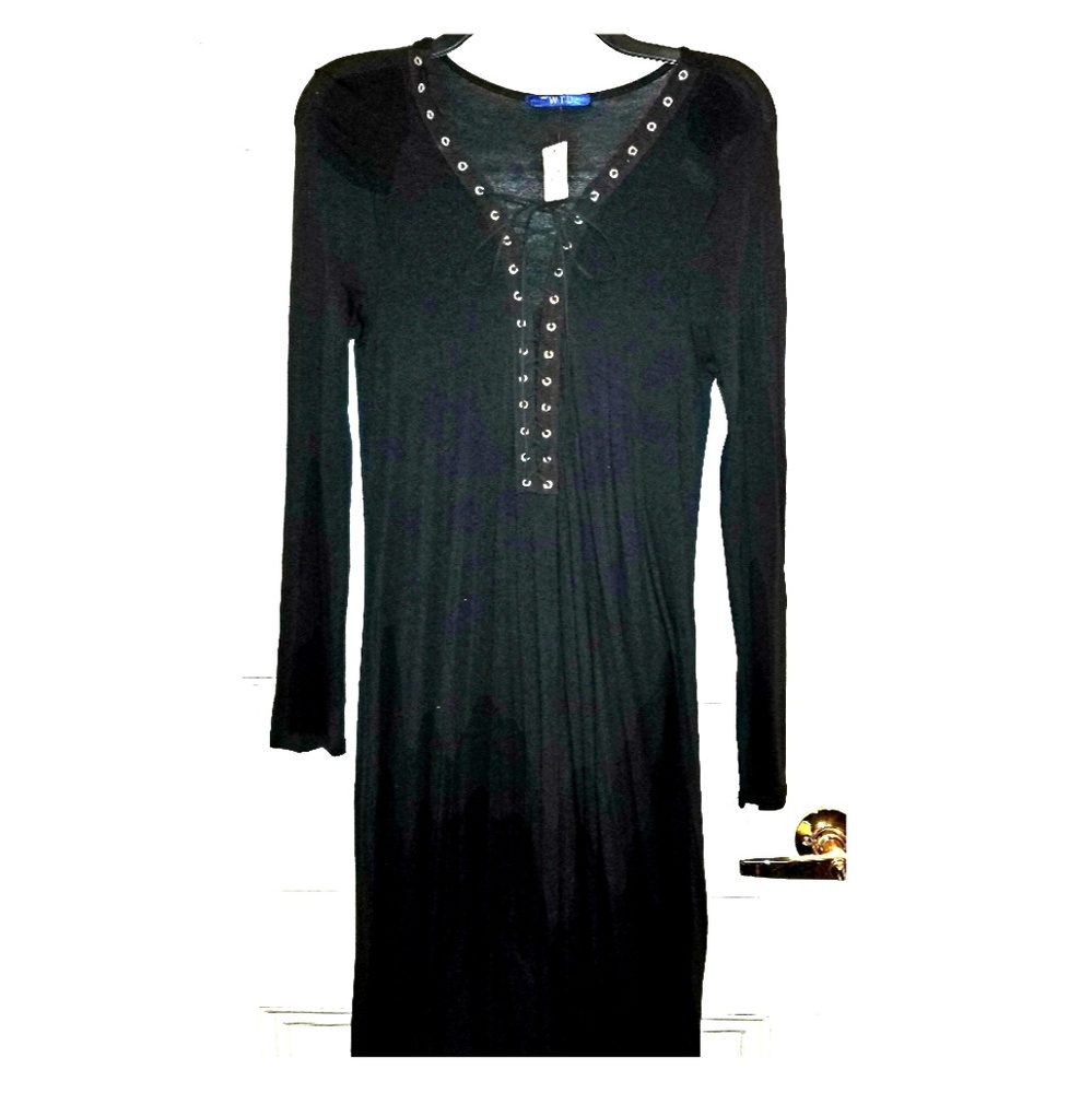 Black Lace Up Knee Length Dress